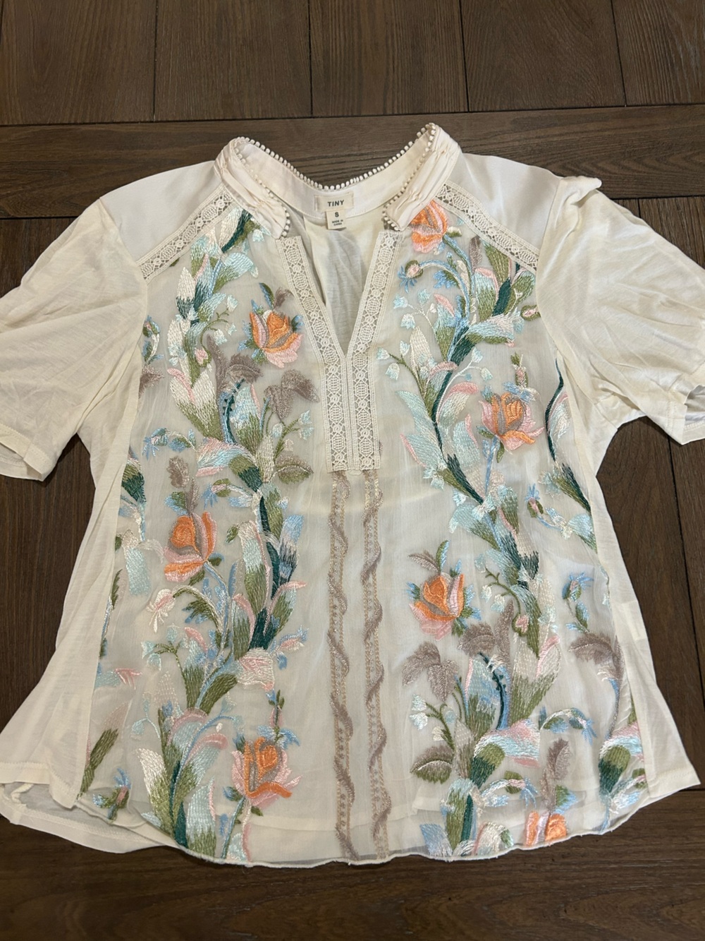 Cream Embroidered Floral Midi Top with Pastel Accents